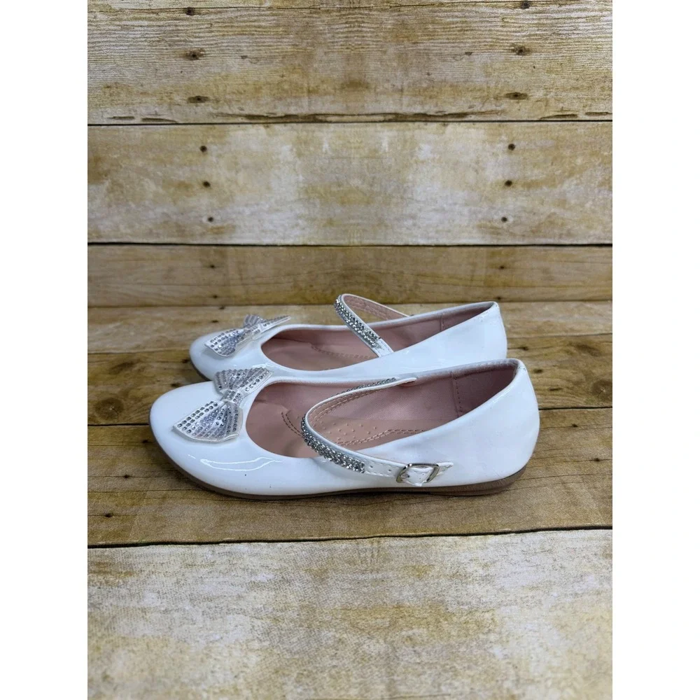 Link Comfort Kids White Patent Rhinestone Bow Mary Jane Dress Shoes Size 3
